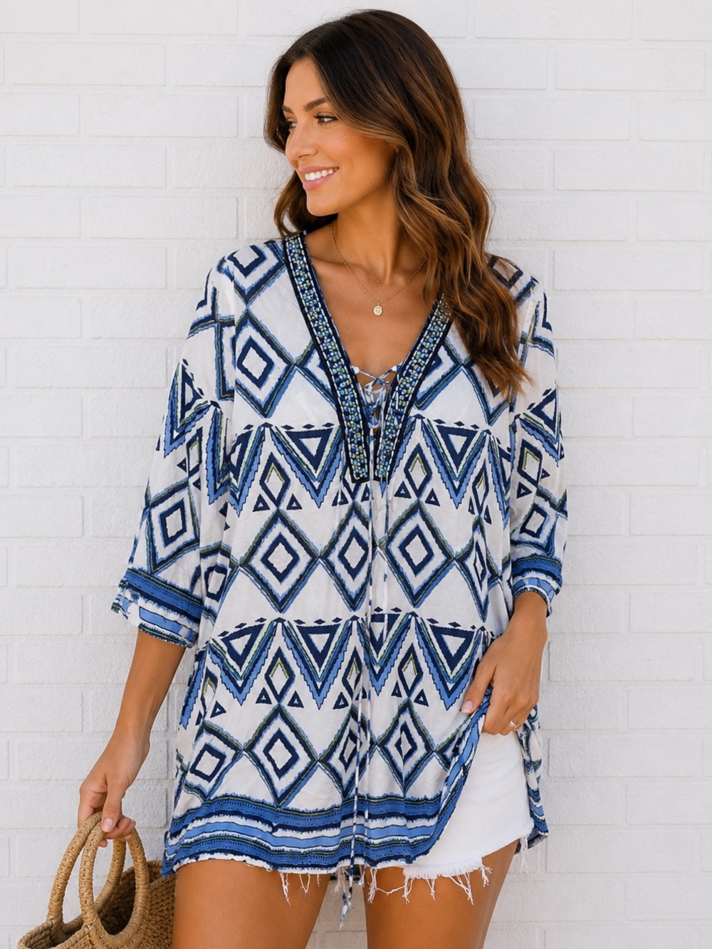 Fun Sport Beaded Boho Tunic Top Medium Blue Geometric 100% Viscose